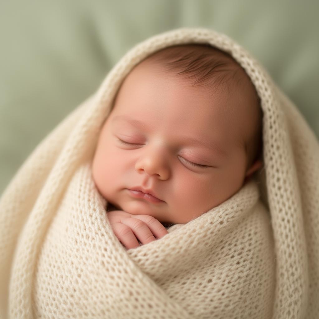 Newborn baby sleeping peacefully wrapped in a cream knit blanket